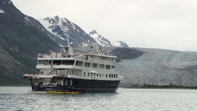 Un-Cruise Adventures’ Safari Endeavour anchored in Reid Inlet in Glacier Bay National Park, Alaska, during a recent Discoverers’ Glacier Country cruise.  // © 2014 Dennis Sides