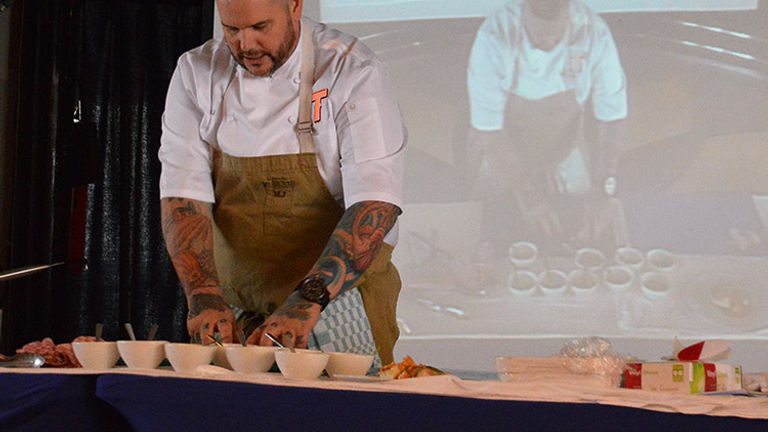 James Beard award-winning chef Matt Jennings showcased his cooking expertise with two demonstrations — including one alongside his wife and pastry chef Kate Jennings — as well as a cheese lecture. // 