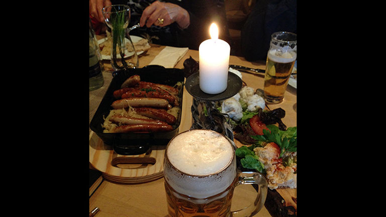 Bratwurst, weisswurst, sauerkraut and cold beer at Weltenburger am Dom // © 2015 Michelle Juergen