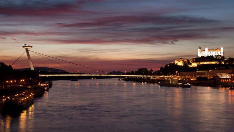 Sweeping across the Danube is Bratislava’s New Bridge, which offers a restaurant at the top of one tower. // © 2014 Courtesy Bratislava Tourist Board