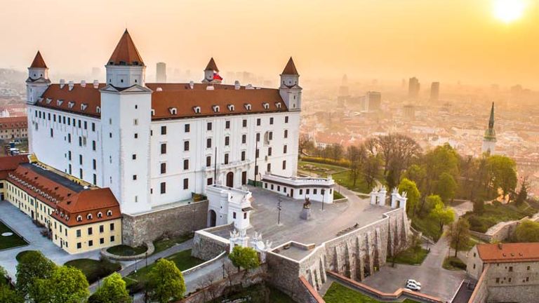Bratislava Castle offers picturesque city views from its perch atop Aueous Hill, and though it is a replica of the original, destroyed by a fire long ago, the new structure is one of many must-see landmarks in Bratislava, Slovakia. // © 2014 Courtesy Bratislava Tourist Board
