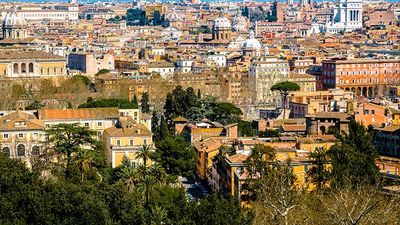 Offering one of Rome's best views, Janiculum Hill faces Rome’s historic center, rising just above the idyllic neighborhood of Trastevere (located a half hour away by foot.) // © 2017 iStock