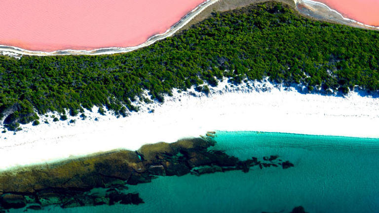 Western Australia’s Lake Hillier is a conspicuous shade of pink. // © 2015 Tourism Western Australia