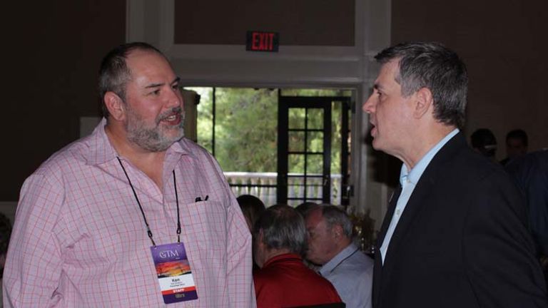 Kenneth Shapiro, TravelAge West’s Editor in Chief (left), chats with Glenn Sampert, general manager of GTM West location, Westin La Paloma Resort & Spa. // © 2014 Eugene Ko