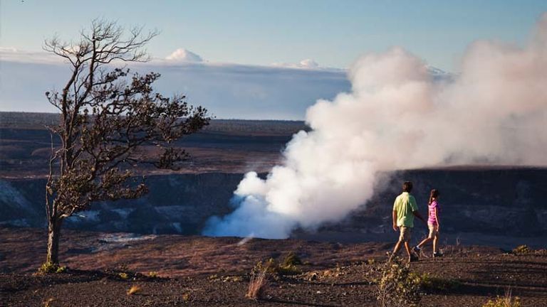 Hiking by a steaming crater is one of the most popular activities on Hawaii Island.  // © 2014 HTA/Tor Johnson