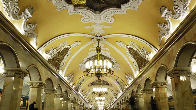 The grand design of Komsomolskaya station in Moscow was inspired by one of Stalin’s speeches given in 1941. // © 2014 Creative Commons user arthurvd
