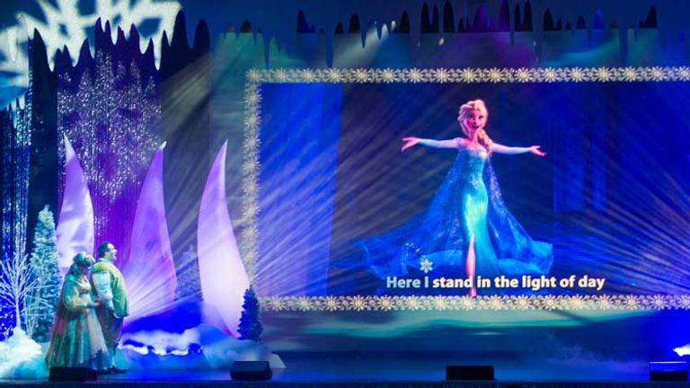 Fans of the film “Frozen” exercise their vocal chords with an excellent cast during daily performances of the Frozen Sing-Along Celebration. // © 2015 Walt Disney World Resort