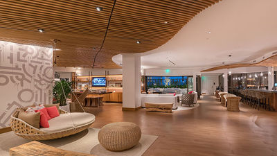 Pictured is the eighth-floor lobby of Hyatt Centric Waikiki Beach, which opened its doors to guests in December 2016. // © 2017 Hyatt Centric Waikiki Beach