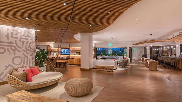 Pictured is the eighth-floor lobby of Hyatt Centric Waikiki Beach, which opened its doors to guests in December 2016. // © 2017 Hyatt Centric Waikiki Beach