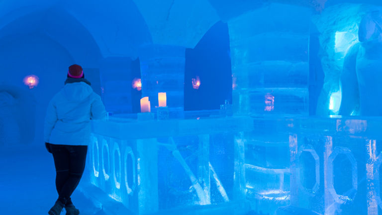 Guests at Sorrisniva can keep their insides warm with a drink from the hotel's ice bar. // © 2016 Ksenia Novikova