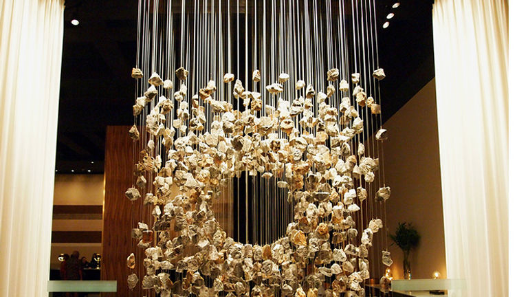 A suspended-stone sculpture greets guests at Delano Las Vegas, a recently opened boutique hotel that replaced TheHotel at Mandalay Bay. // © 2014 Robin Rockey