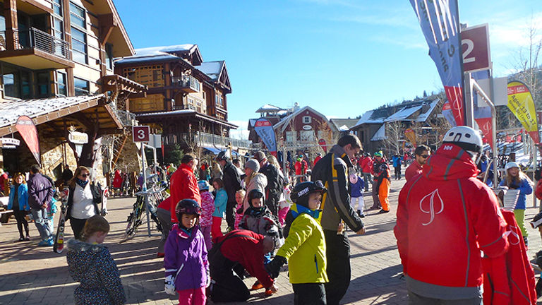 At the Snowmass ski mountain, kids are gearing up for a day of skiing with Treehouse Kids Adventure Center instructors. // © 2015 Zorianna Kit