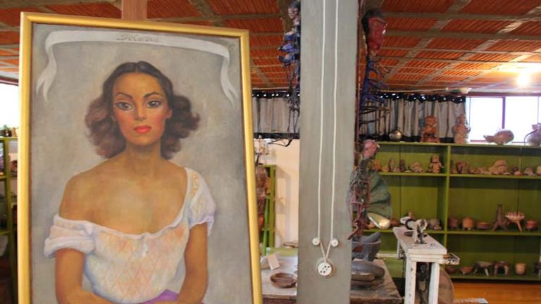 Inside the Museo Casa Estudio Diego Rivera y Frida Kahlo, visitors can tour Diego Rivera’s studio and look at Frida Kahlo memorabilia. // © 2014 Mark Chesnut