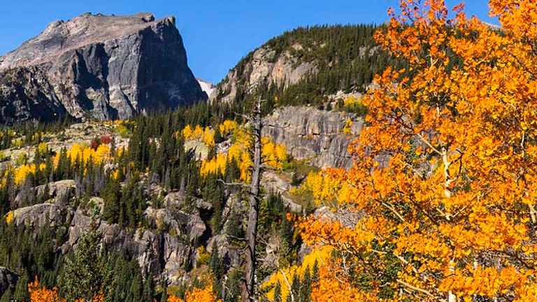 Dazzling fall colors add to the beauty of Hallett Peak and Bear Lake. // © 2017 Rocky Mountain National Park