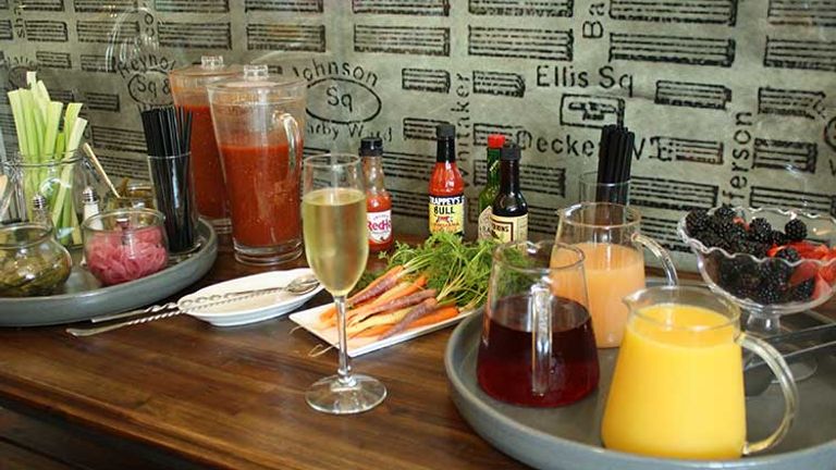 The make-your-own Bloody Mary and mimosa table is a popular spot at 22 Square. // © 2014 Nila Do Simon