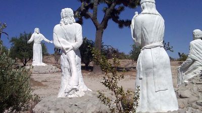 One of several unique stops near Indio — home of the Coachella and Stagecoach music festivals — is Desert Christ Park, which features more than 40 stark-white Jesus sculptures. // © 2014 Julie Thixton