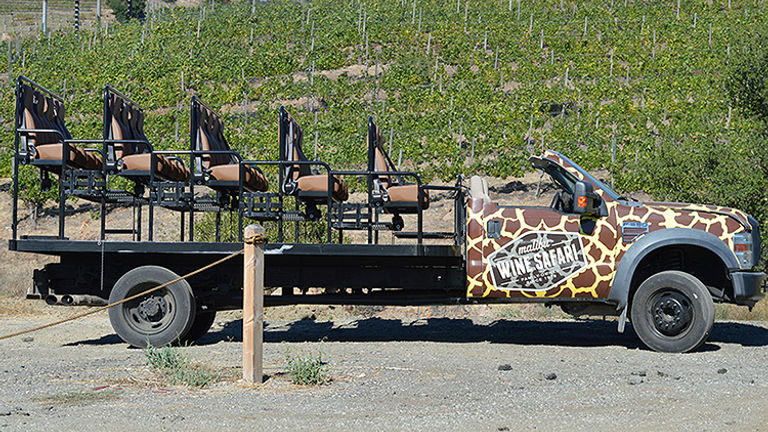 At Malibu Wine Safaris, a tiered open-top vehicle takes passengers through Saddlerock Ranch. // © 2015 Valerie Chen