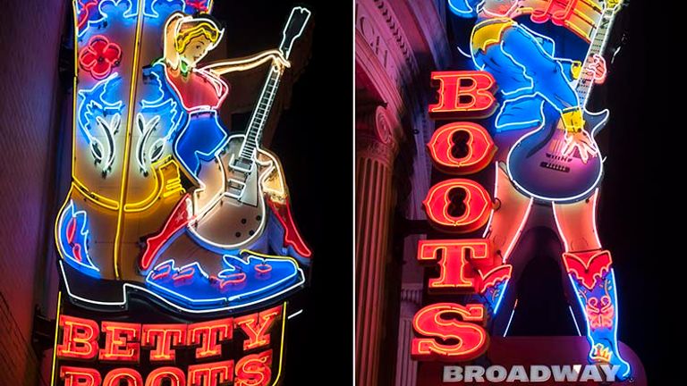 Neon lights on Broadway advertise cowboy boots. // © 2015 Mark Edward Harris
