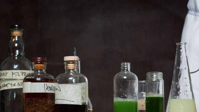 The ingredients in Christiaan Rollicho’s homemade cocktail, featuring arugula simple syrup and an absinthe wash // © 2013 Mindy Poder