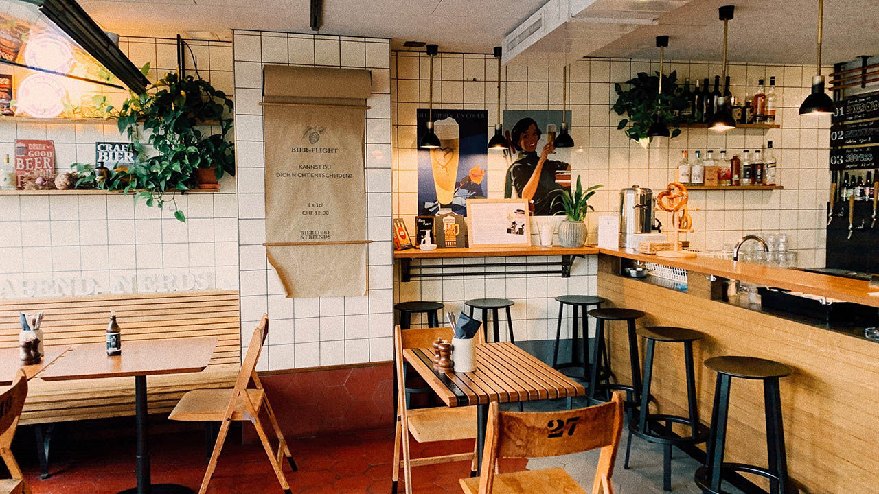 The stylish interior of Bierliebe & Friends in Old Town Lucerne