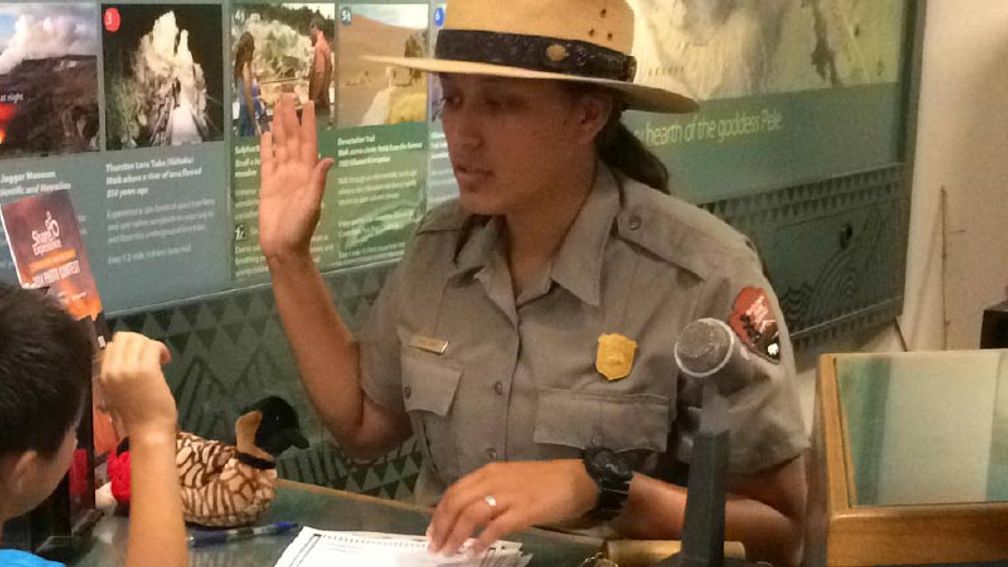 Junior Rangers at Hawaii Volcanoes National Park get sworn in by Ranger Shyla Ronia. // © 2014 Nathan Kam 3