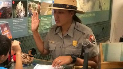 Junior Rangers at Hawaii Volcanoes National Park get sworn in by Ranger Shyla Ronia. // © 2014 Nathan Kam 3