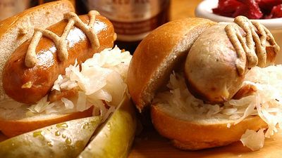 The Berghoff original lager is the perfect complement to a mini-bratwurst and spaetzle. // © 2017 Tastebud Tours