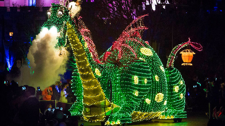 Pete’s Dragon is one of many characters in the nostalgic Main Street Electrical Parade.