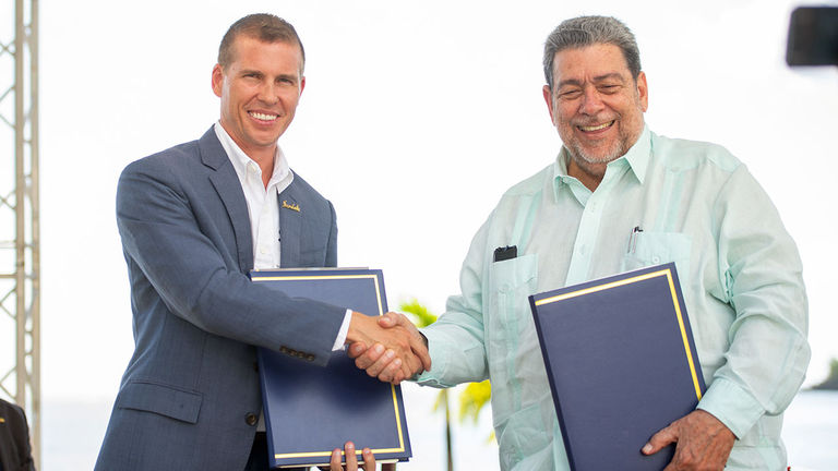 FG_200810_TRVLG_ComingSoon_PAGE IMAGE_Sandals Resorts Deputy Chairman Adam Stewart with St. Vincent and the Grenadines Prime Minister, the Hon Dr. Ralph Everard Gonsalves