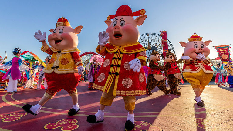 For the Year of the Pig, The Three Little Pigs join Mulan’s Lunar New Year Procession.