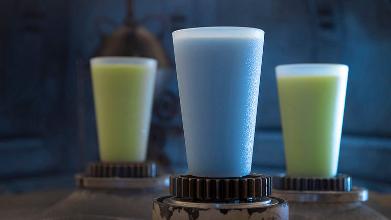 Refreshing blue and green milk can be found at the milk stand.