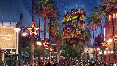 A snowy Sunset Boulevard twinkles with holiday decorations during Sunset Seasons Greetings at Disney’s Hollywood Studios in Orlando, Fla. // © 2017 Walt Disney World