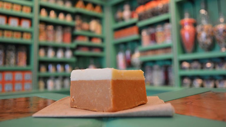 Butterbeer fudge can be found at Sugarplum’s Sweet Shop in Diagon Alley and Honeydukes in Hogsmeade.