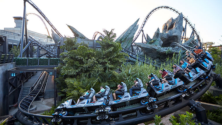 The Jurassic World VelociCoaster is located at Universal’s Islands of Adventure park in Orlando.