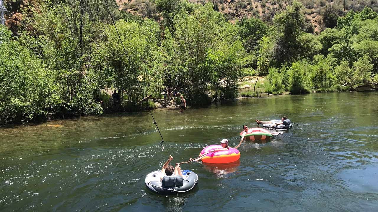 Tubing on the Kern River is a popular activity in summertime, when the water level is usually lower and the river more calm.