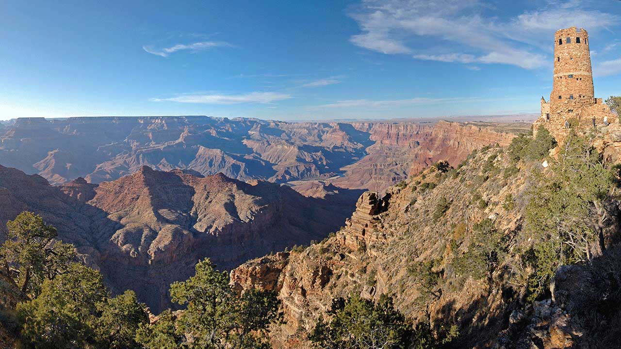Desert Point Watchtower overlooks the North Rim of the Grand Canyon.
