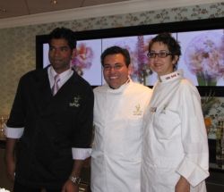 The Liquid Chef, Junior Merino (center), poses with Equinox staff after the trio serves up a variety of unique drinks during the Molecular Mixology class. // (c) 2009 Monica Poling