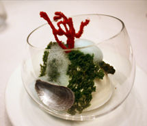 At El Club Allard, chef Diego Guerrero creates playful food, including a chocolate dessert disguised as a fishbowl. // © 2011 Mindy Poder