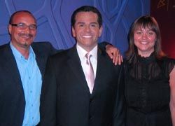 Gerald Chaves, LA Tours and Dee Rojas of LA INC. pose with a wax rendering of Los Angeles Mayor Antonio Villaraigosa at the opening of the new Madame Tussauds Hollywood