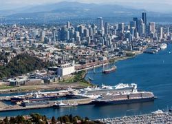 Seattle’s new Smith Cove Cruise Terminal (foreground) and the Bell Street Pier (in the distance, near downtown) // © 2010 Port of Seattle