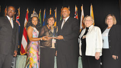 Left to right: Hugh Riley, CTDC; Miss Turks and Caicos; Hazel Affonso, Affordable Travel; Allan Parris; Maybelle Raven, RMR Group; and Manon LeBlanc, Air Canada Vacations