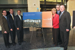 From left to right: Larry Kurzweil, Universal Studios Hollywood; Eric Garcetti, Los Angeles City Council; Antonio Villaraigosa, Mayor of Los Angeles; Janice Hahn, Los Angeles City Council; Mark Liberm