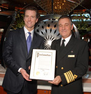 Mayor Gavin Newsom (left) and captain Paul Wright // (c) 2010 Cunard