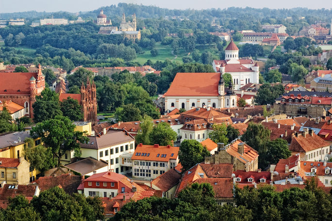 View of Vilnius old town, Lithuania Bird's eye view of Vilnius old town from Gediminas' Tower, Lithuania (photo via iiokua / iStock / Getty Images Plus)