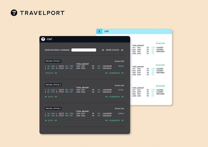 Shopping results, now including all applicable commission amounts that have been validated and calculated from agency commission contracts, displayed against each pricing option. Travelport, nexusCMT, travel agent technology