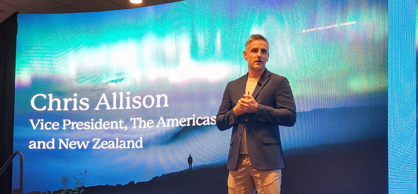 Image: Chris Allison, Tourism Australia's VP, The Americas and New Zealand, speaks at the Australia Marketplace North America 2025 event's Opening General Session. (Photo Credit: Northstar Travel Group/Laurie Baratti)