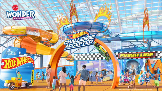 Rendering of the Hot Wheels "Challenge Accepted" area at the first Mattel Wonder Indoor Waterpark Rendering of the Hot Wheels "Challenge Accepted" area at the first Mattel Wonder Indoor Waterpark