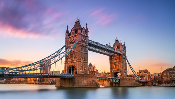 London's Tower Bridge at sunset.