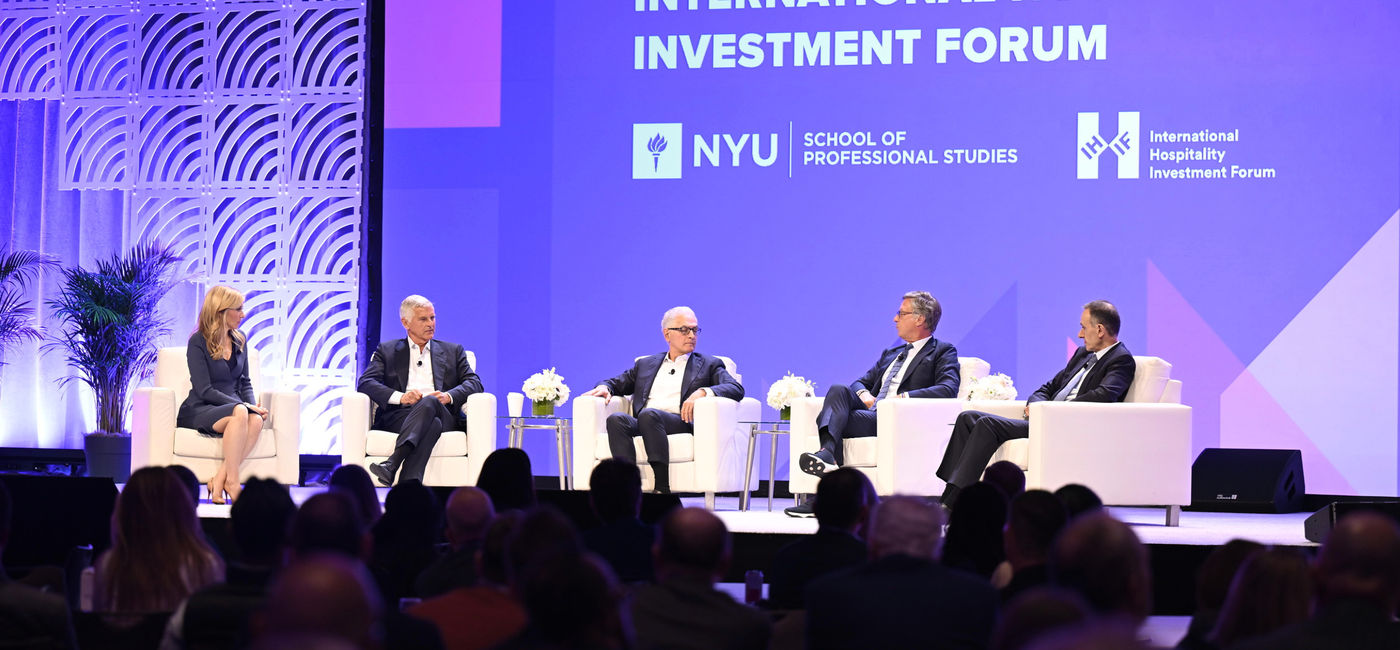 Image: From left: Sara Eisen, CNBC; Christopher Nasetta, CEO Hilton; Mark Hoplamazian, CEO, Hyatt; Elie Maalouf, CEO, IHG; Sebastien Bazin, CEO, Accor (Photo Credit: Questex)