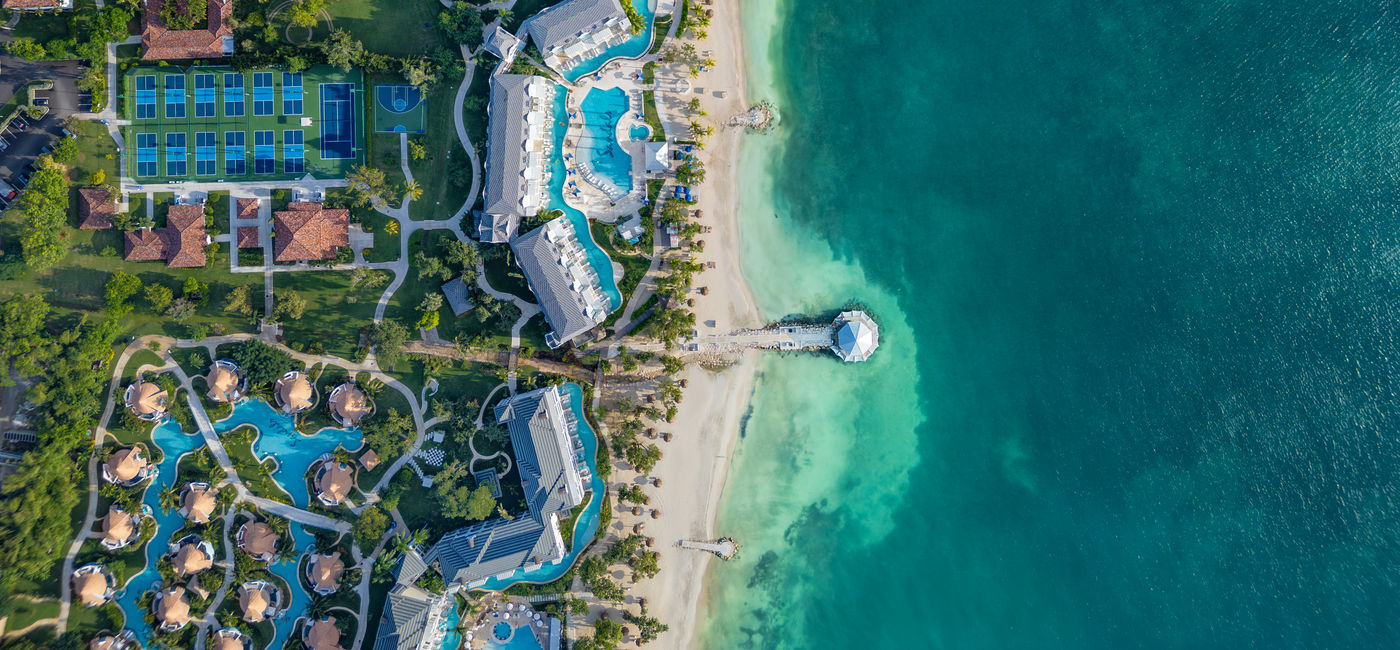 Image: Aerial view of pickleball courts at Sandals South Coast, White House, Jamaica. (Photo Credit: Sandals Resorts)